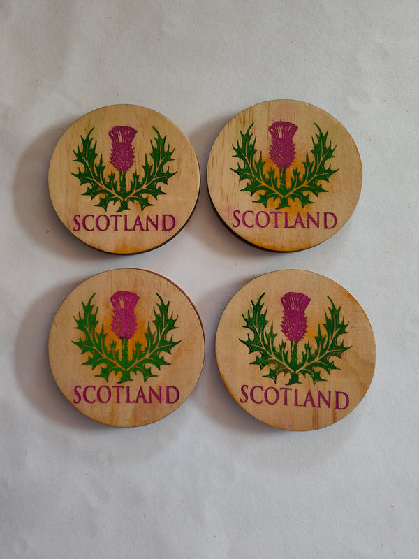 Scotland with thistle wooden coaster- round