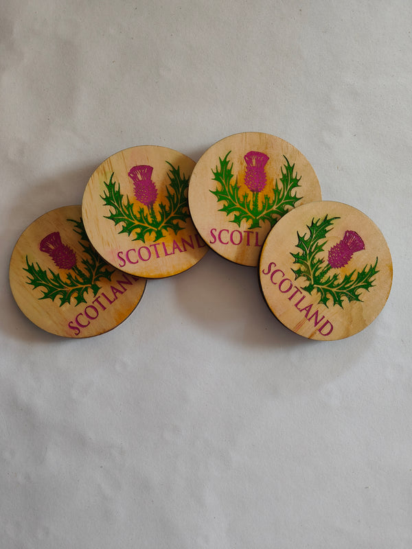 Scotland with thistle wooden coaster- round