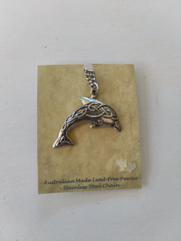 Celtic Dolphin Pendant Silver Pewter Stainless Steel Chain Necklace